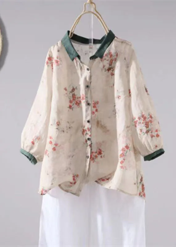 Boutique Apricot Peter Pan Collar Print Patchwork Linen Shirt Tops Summer LY7129