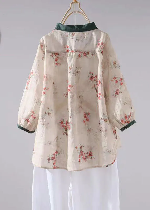 Boutique Apricot Peter Pan Collar Print Patchwork Linen Shirt Tops Summer LY7129