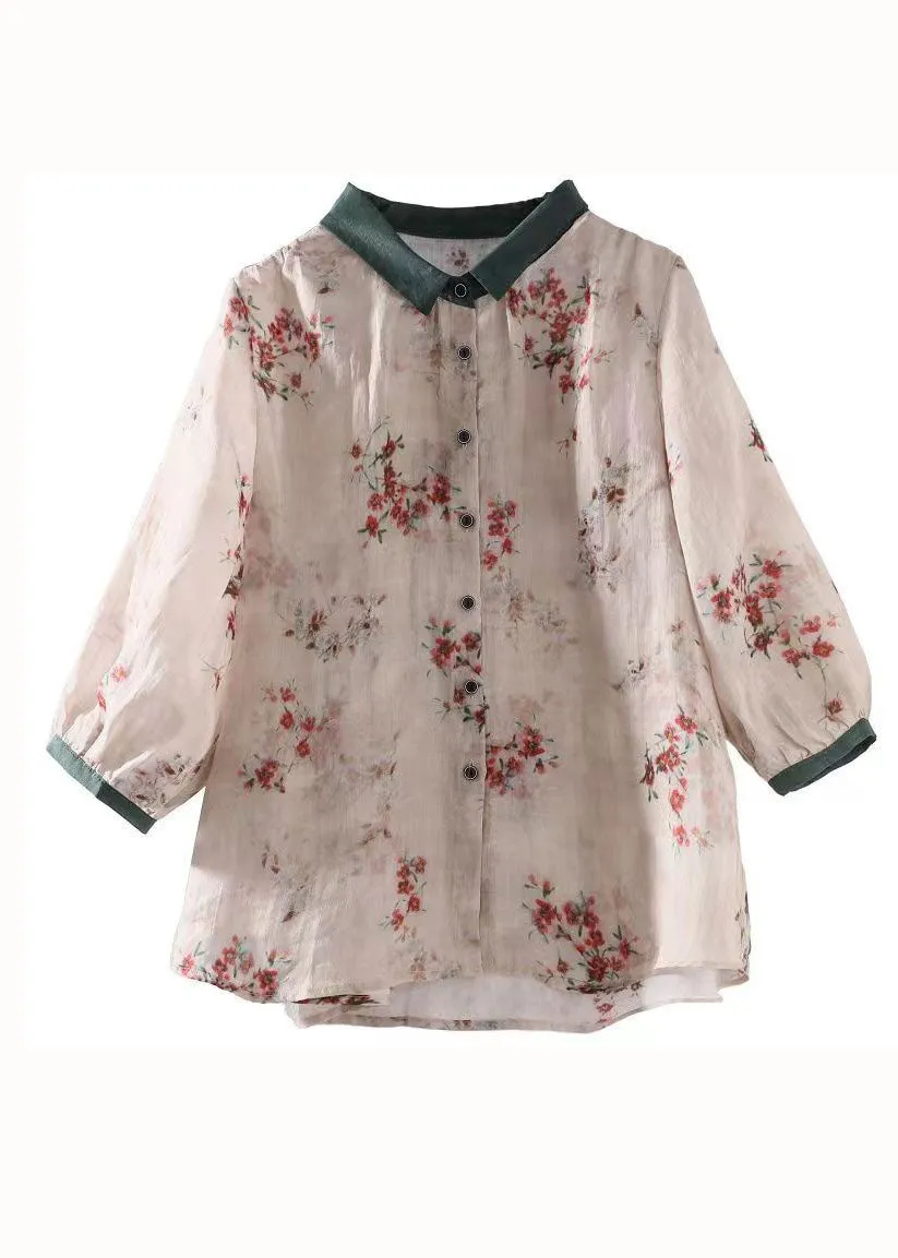 Boutique Apricot Peter Pan Collar Print Patchwork Linen Shirt Tops Summer LY7129