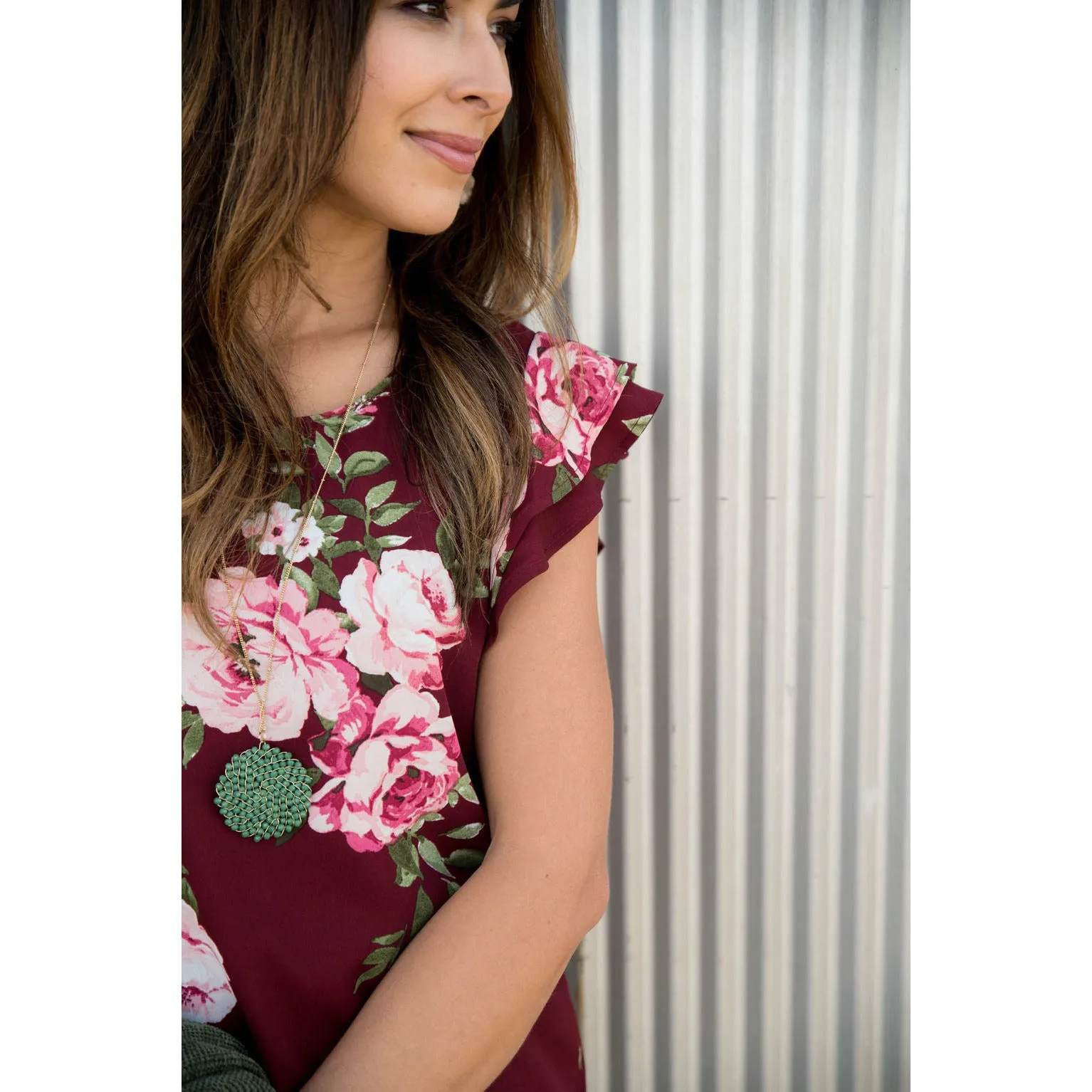 Burgundy Floral Flutter Blouse