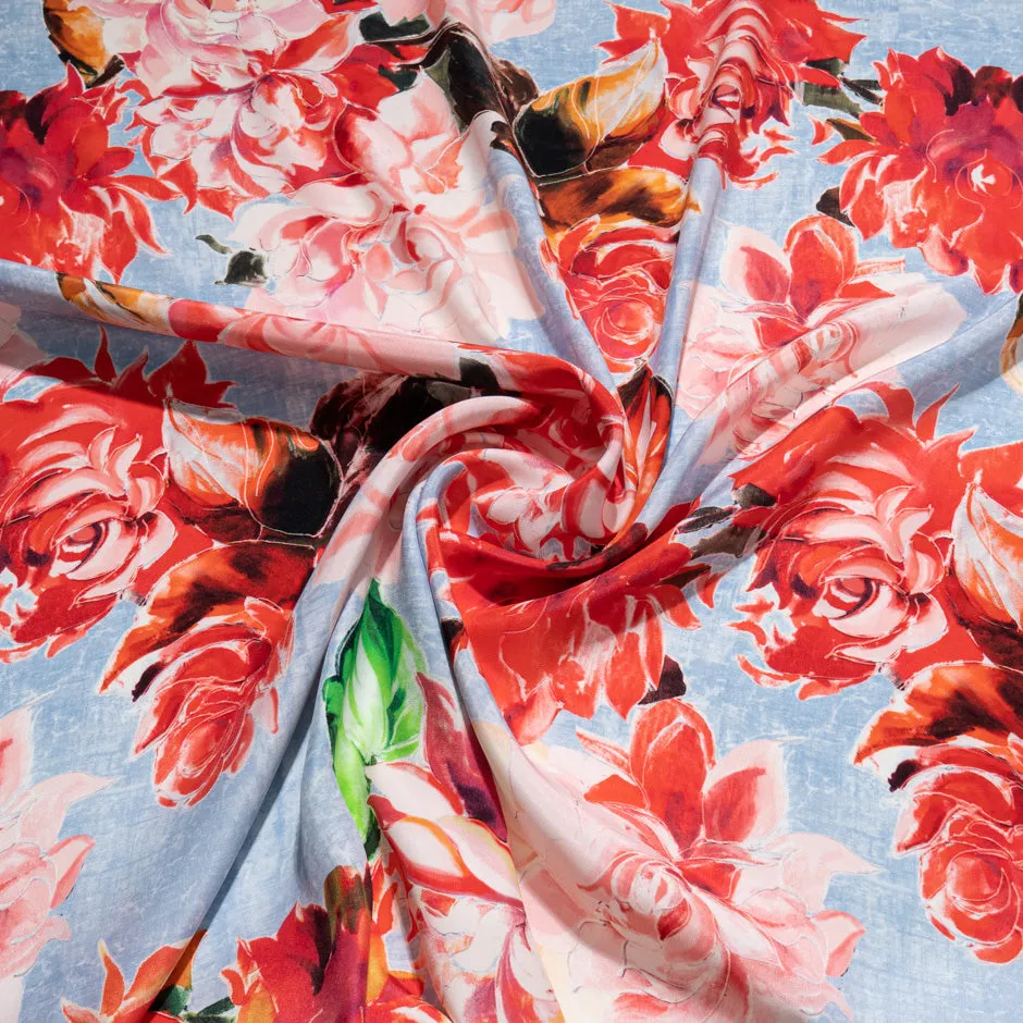 Busy Red & Pink Floral Printed Silk Satin