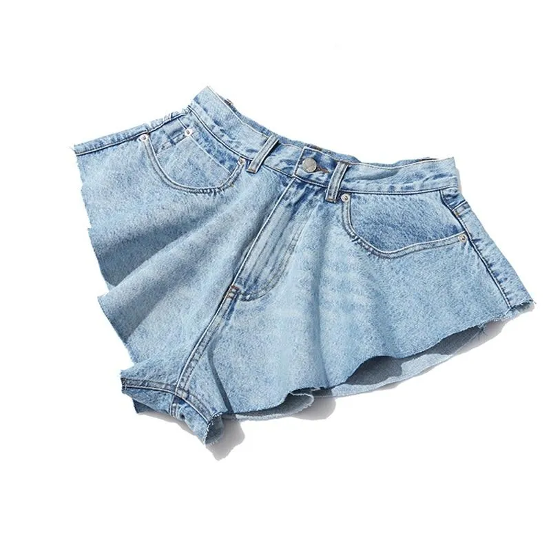 Casual Denim Shorts High Waist Ruffle Hem Loose Ruched Short Pants