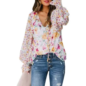 Casual Floral Print Balloon Sleeve Tie Front Blouse