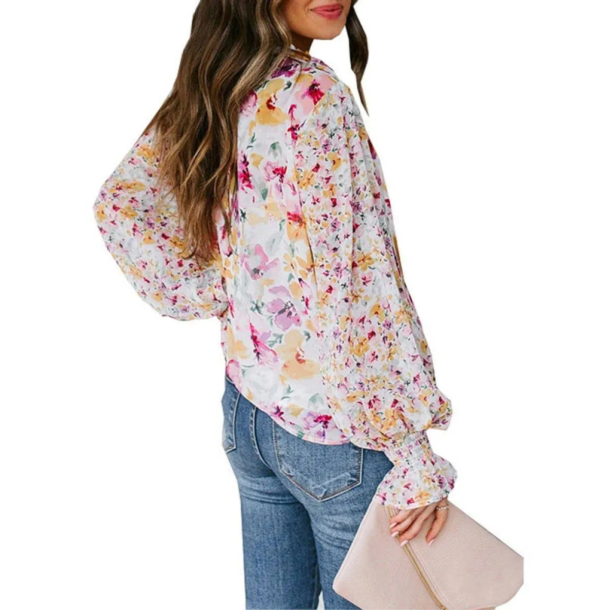 Casual Floral Print Balloon Sleeve Tie Front Blouse