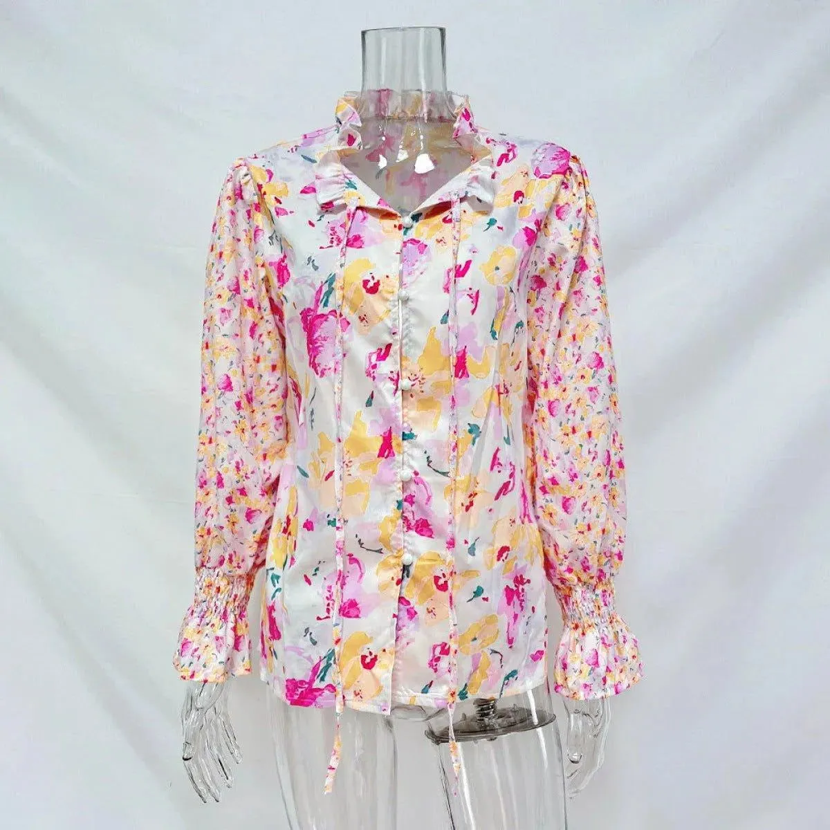 Casual Floral Print Balloon Sleeve Tie Front Blouse