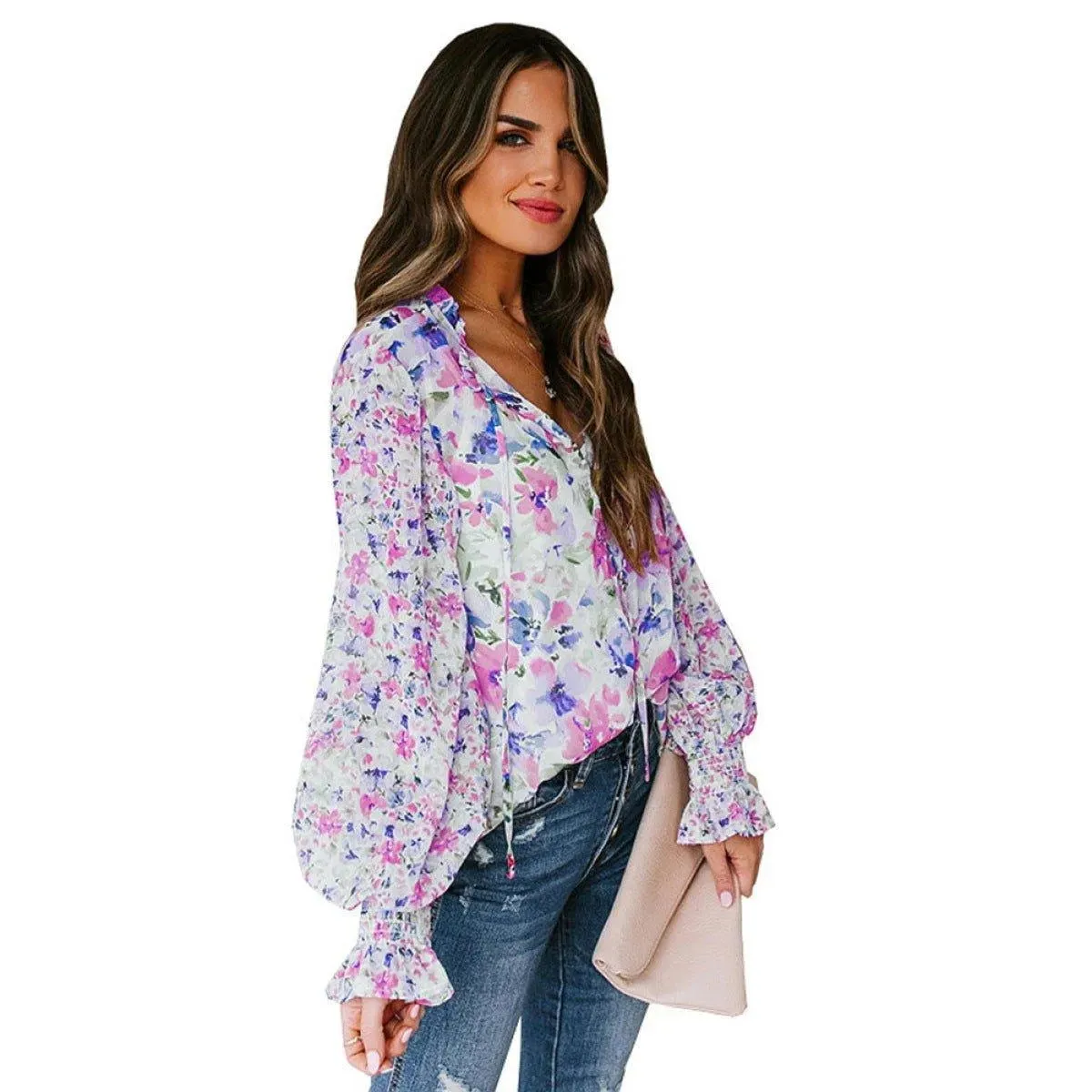 Casual Floral Print Balloon Sleeve Tie Front Blouse