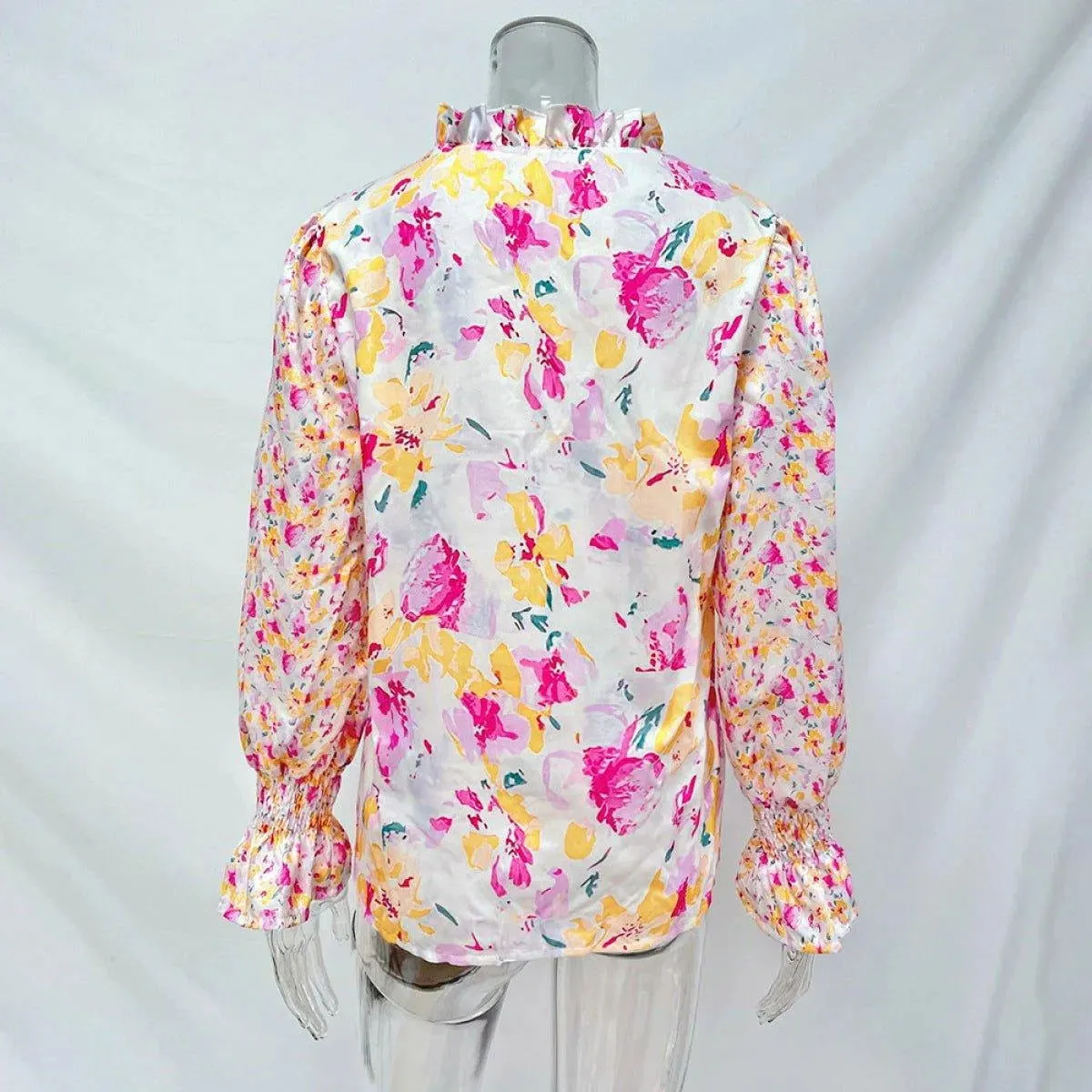 Casual Floral Print Balloon Sleeve Tie Front Blouse