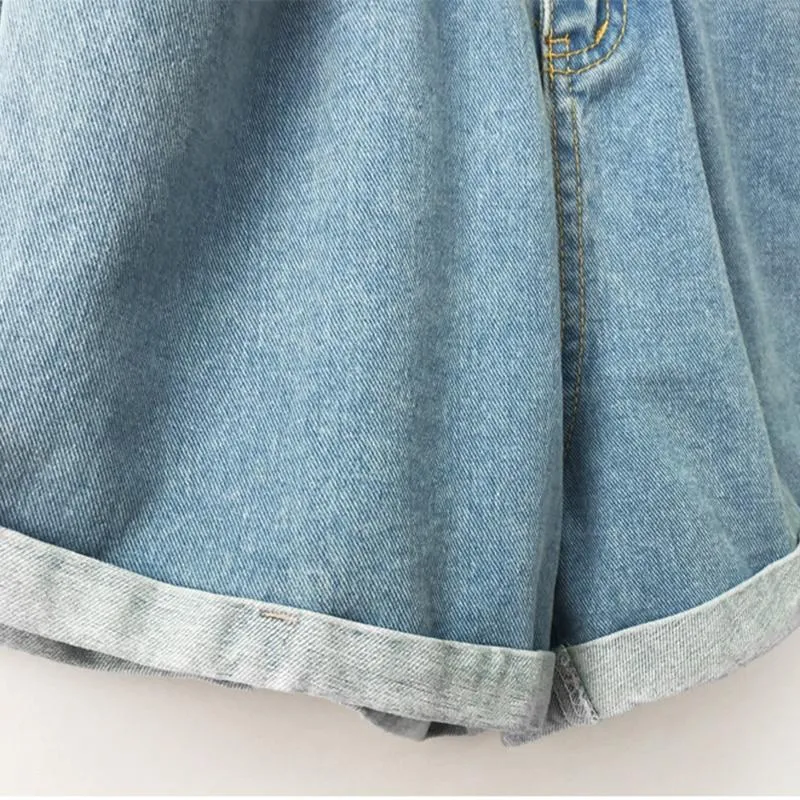 Casual Loose Roll Up Hem Elastic Waist Pocket High Waist Denim Shorts