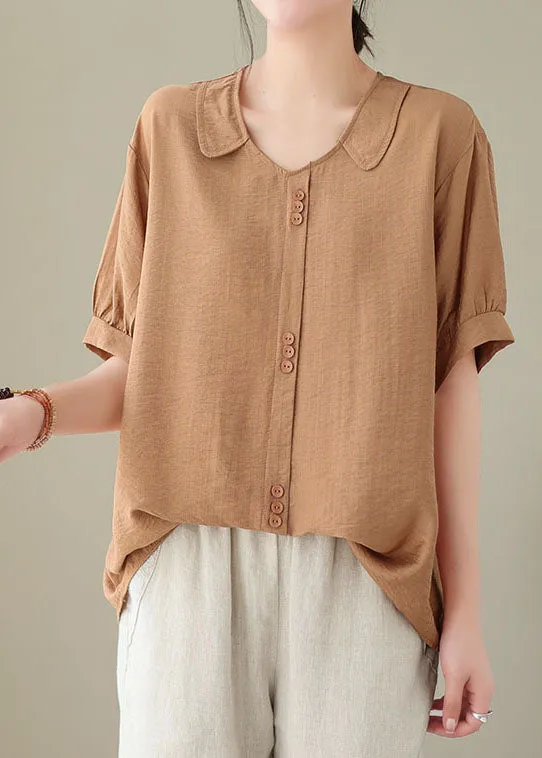 Casual Orange Peter Pan Collar Patchwork Cotton Shirt Tops Summer LY4958