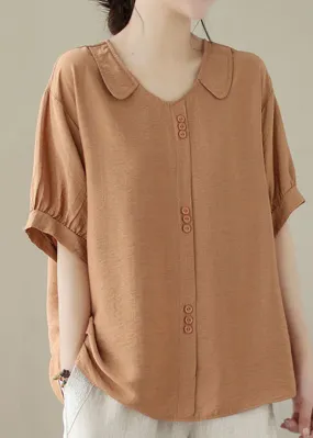 Casual Orange Peter Pan Collar Patchwork Cotton Shirt Tops Summer LY4958