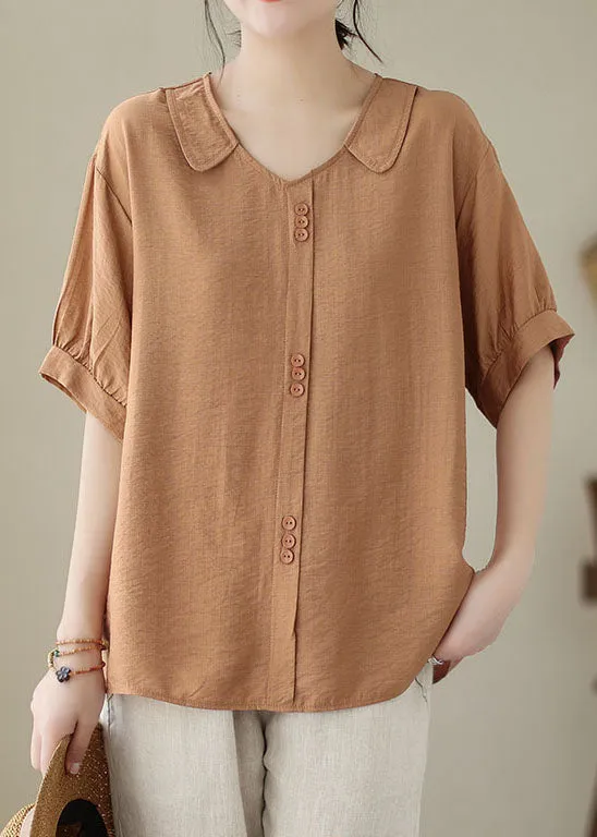 Casual Orange Peter Pan Collar Patchwork Cotton Shirt Tops Summer LY4958