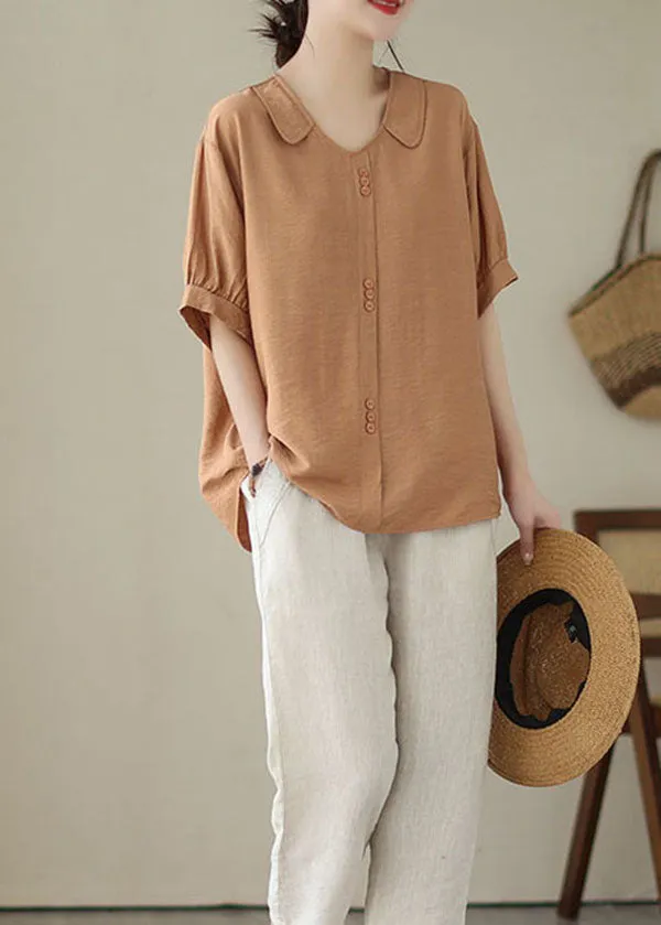 Casual Orange Peter Pan Collar Patchwork Cotton Shirt Tops Summer LY4958