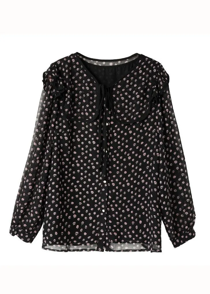 Chic Black Peter Pan Collar Print Patchwork Chiffon Blouse Tops Spring LY3834