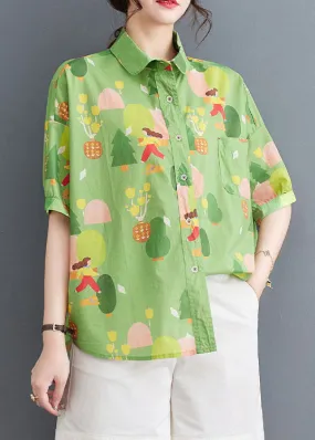 Chic Green Peter Pan Collar Print Patchwork Cotton Shirt Tops Summer LY4983