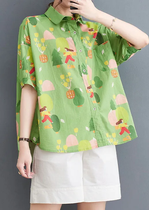 Chic Green Peter Pan Collar Print Patchwork Cotton Shirt Tops Summer LY4983