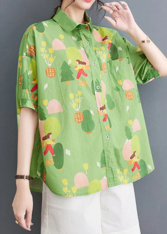 Chic Green Peter Pan Collar Print Patchwork Cotton Shirt Tops Summer LY4983