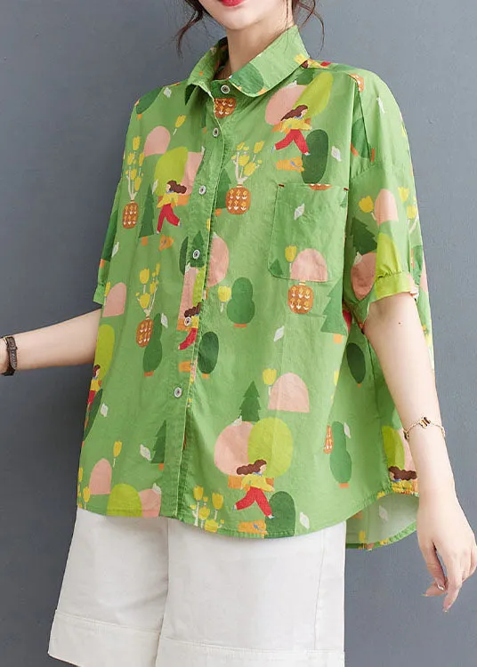 Chic Green Peter Pan Collar Print Patchwork Cotton Shirt Tops Summer LY4983