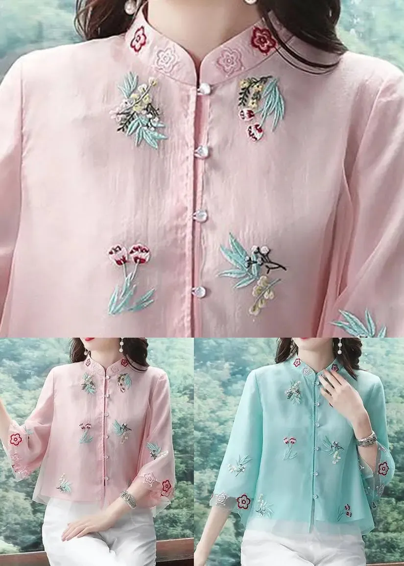 Chic Pink Stand Collar Embroideried Patchwork Chiffon Tops Summer ML0808