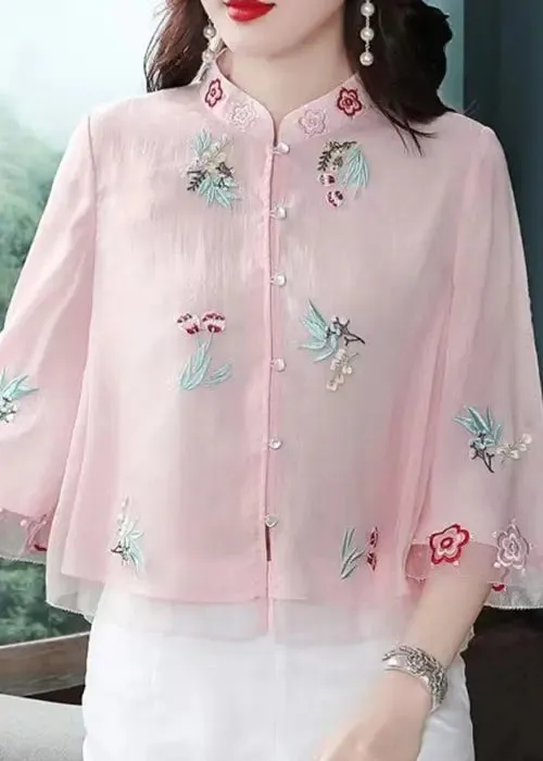 Chic Pink Stand Collar Embroideried Patchwork Chiffon Tops Summer ML0808