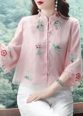 Chic Pink Stand Collar Embroideried Patchwork Chiffon Tops Summer ML0808