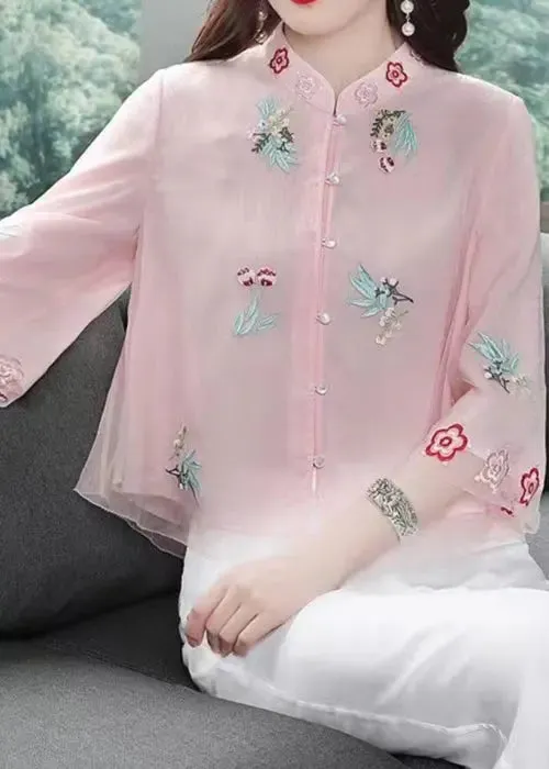 Chic Pink Stand Collar Embroideried Patchwork Chiffon Tops Summer ML0808