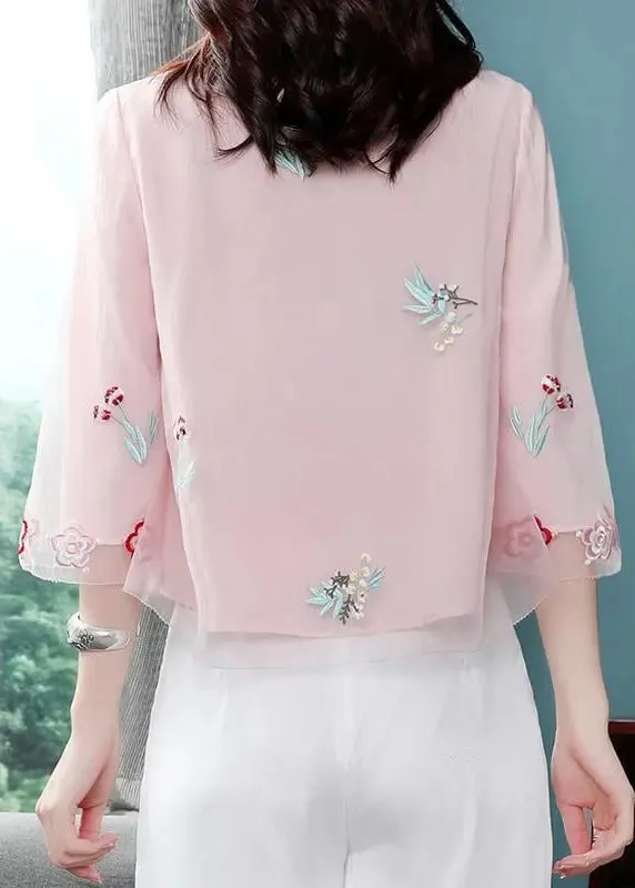 Chic Pink Stand Collar Embroideried Patchwork Chiffon Tops Summer ML0808