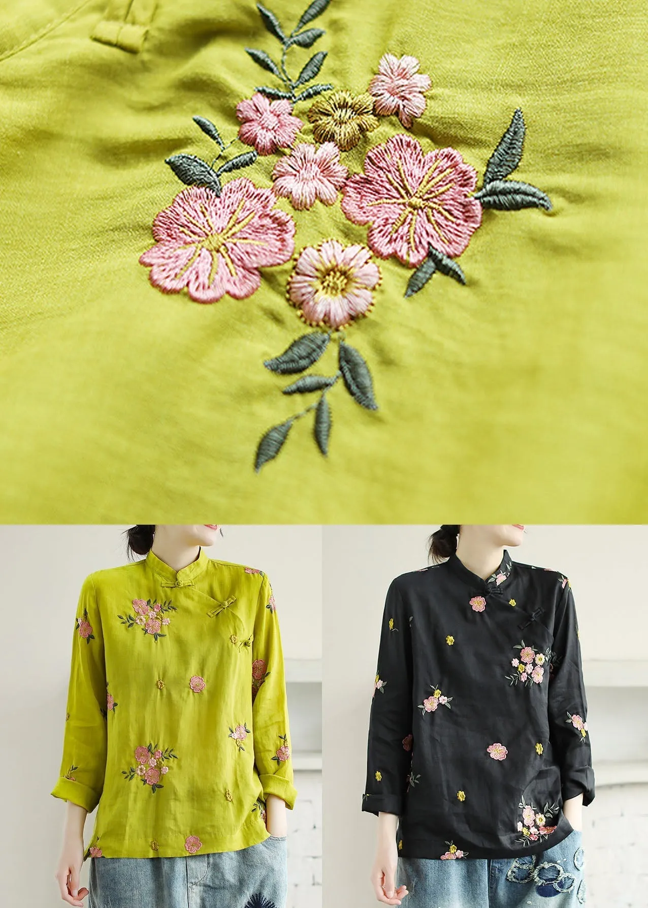 Chinese Style Yellow Embroideried Patchwork Linen Shirt Tops Spring LY6225