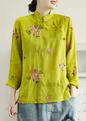 Chinese Style Yellow Embroideried Patchwork Linen Shirt Tops Spring LY6225