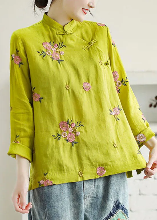 Chinese Style Yellow Embroideried Patchwork Linen Shirt Tops Spring LY6225