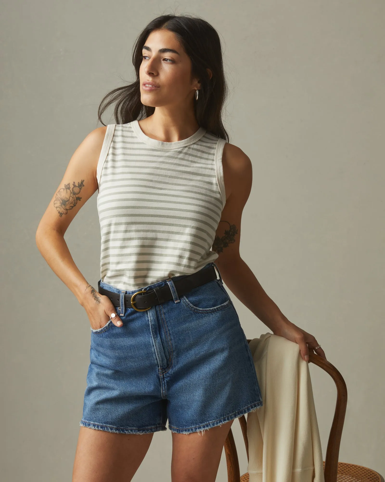 Classic Cotton Muscle Tank Striped - Turtledove Eucalyptus