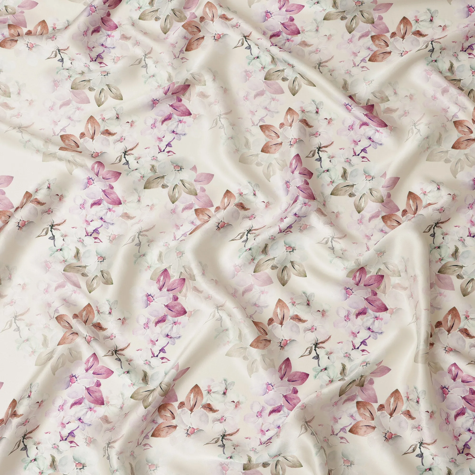 Cream Floral Pure Silk Satin Fabric - 140 cm Width, Made in Italy-D20728