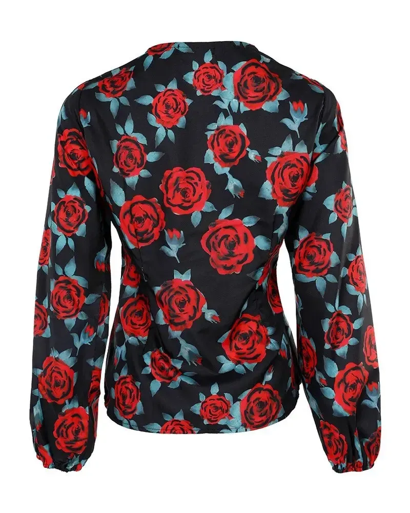 Deanwangkt - Floral Print Long Sleeve V-Neck Top