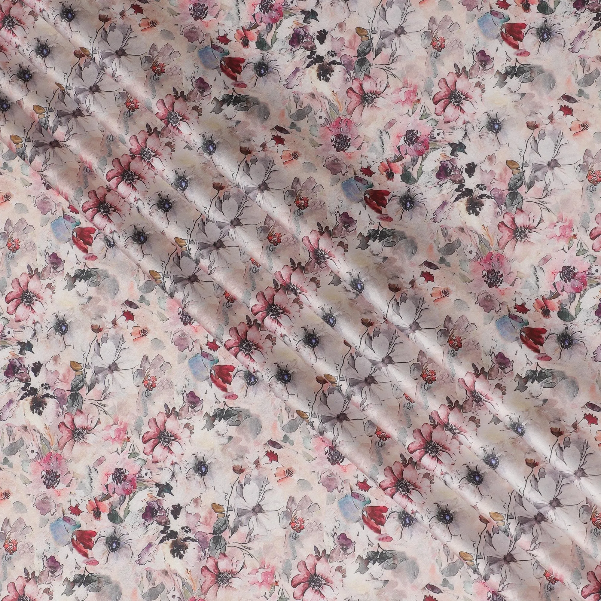 Delicate Blush with Floral Watercolor Cotton Satin Fabric, 110 cm Width-20073