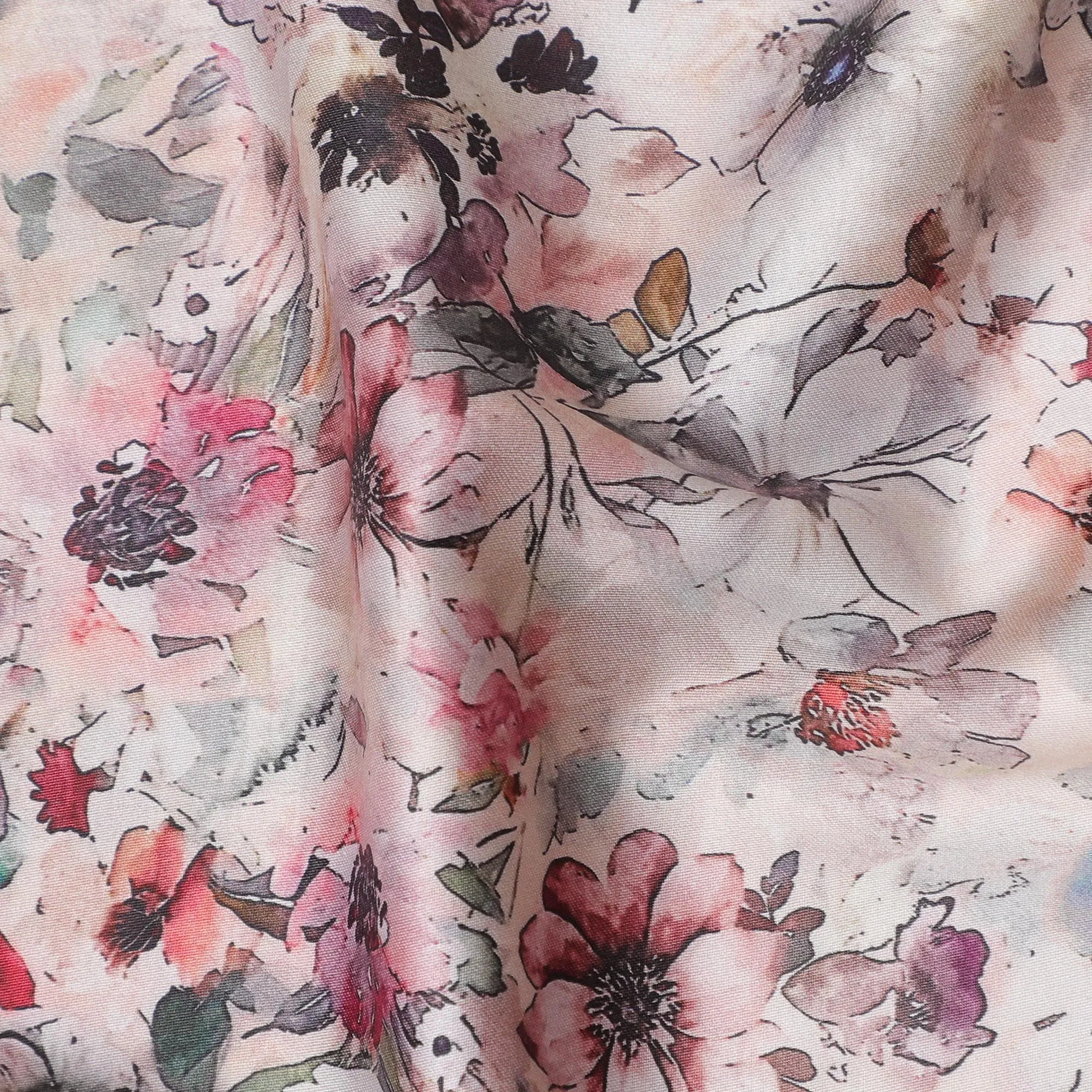 Delicate Blush with Floral Watercolor Cotton Satin Fabric, 110 cm Width-20073