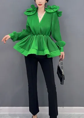 Diy Green V Neck Ruffled Patchwork Chiffon Shirt Tops Spring LC0344