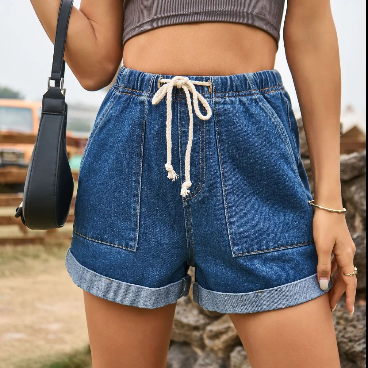 Drawstring High Waist Roll Cuff Denim Shorts with Pockets (4 colors)