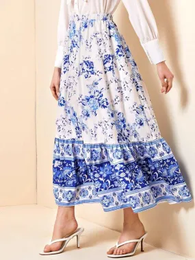 Elastic Waist Ruffle Hem Tribal Print Skirt