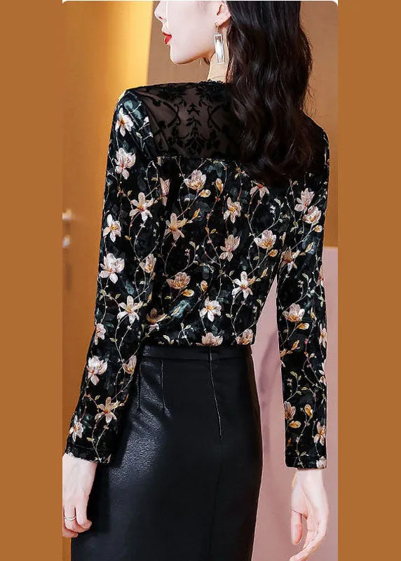 Elegant Black Hollow Out Patchwork Lace Print Silk Velour Shirt Tops Spring LY0057