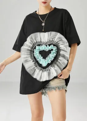 Elegant Black Oversized Patchwork Love Appliqued Cotton Tank Tops Summer ML0504