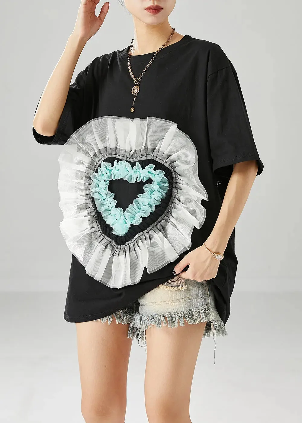 Elegant Black Oversized Patchwork Love Appliqued Cotton Tank Tops Summer ML0504