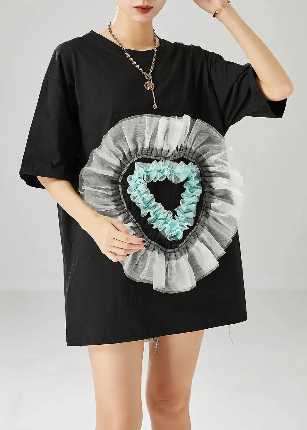 Elegant Black Oversized Patchwork Love Appliqued Cotton Tank Tops Summer ML0504