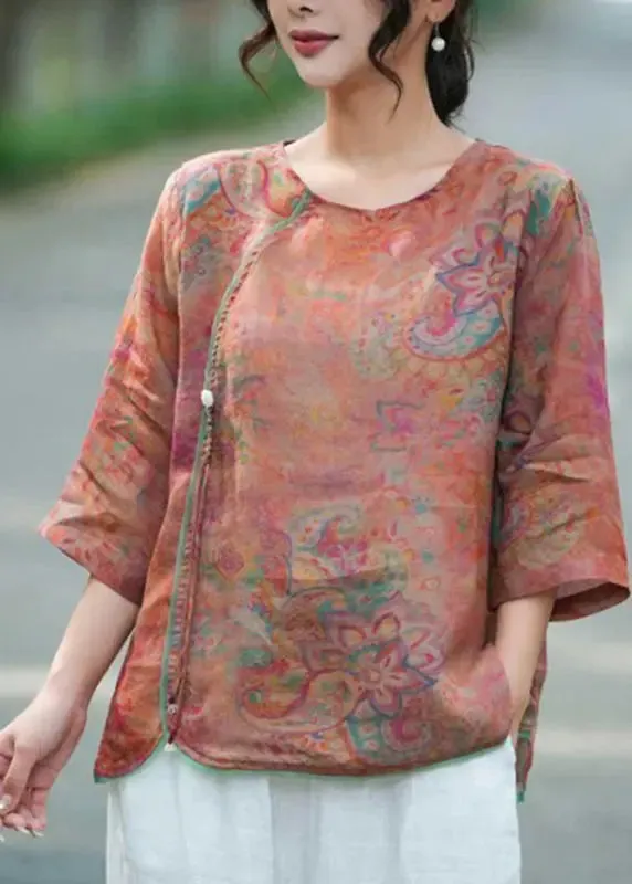 Elegant Light Purple O-Neck Print Linen Tops Bracelet Sleeve ML0841