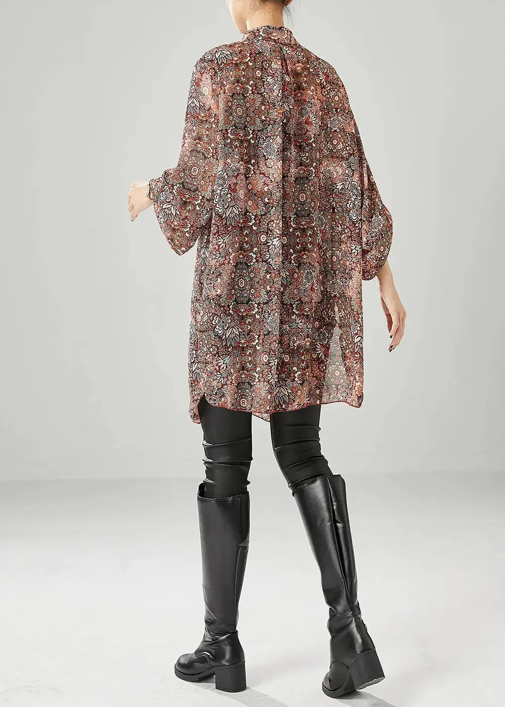 Fitted Brick Red Oversized Print Chiffon Tops Fall ML0505