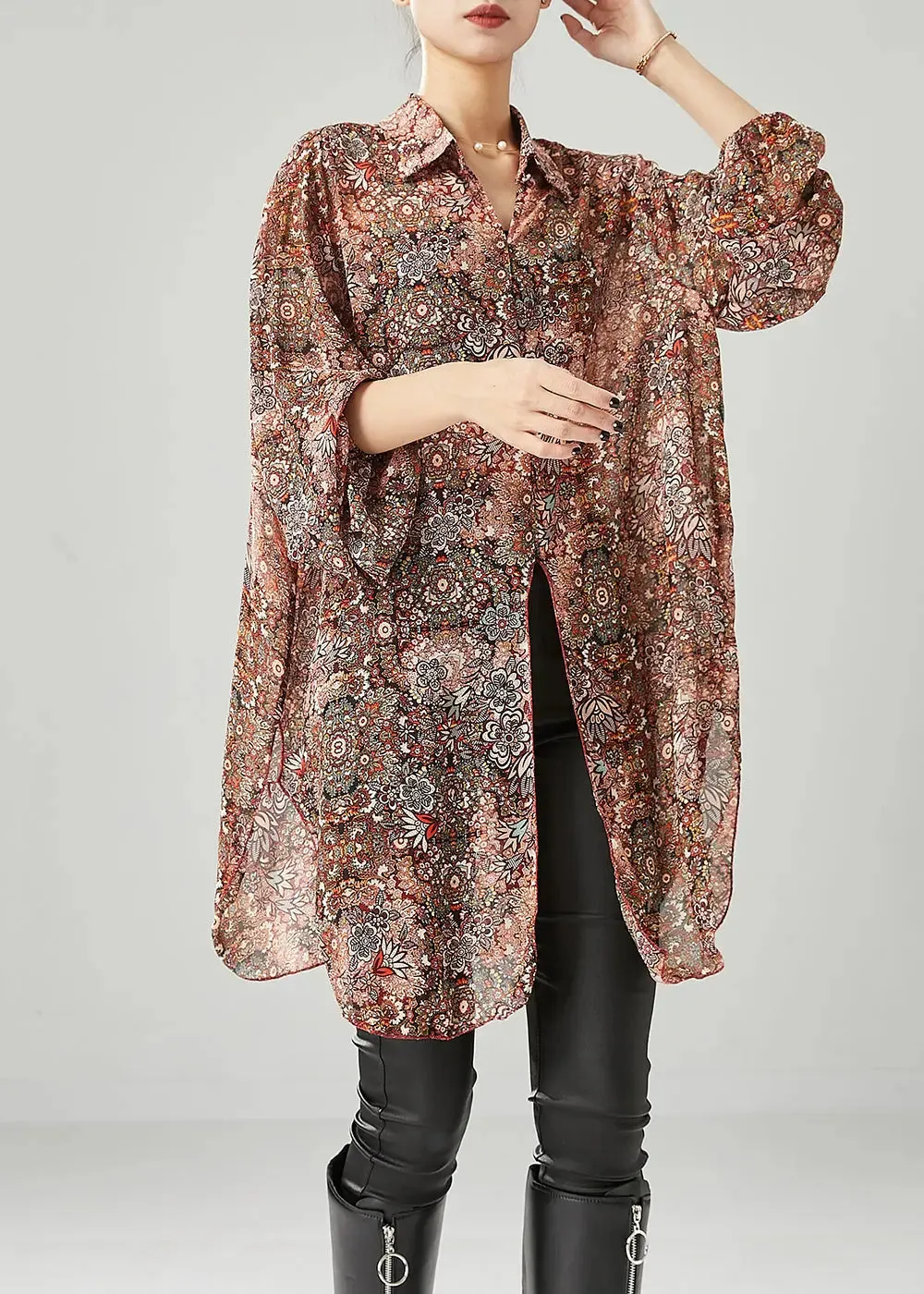 Fitted Brick Red Oversized Print Chiffon Tops Fall ML0505