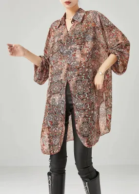 Fitted Brick Red Oversized Print Chiffon Tops Fall ML0505