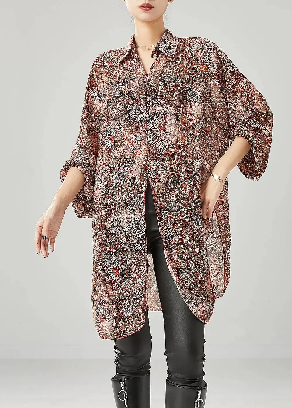 Fitted Brick Red Oversized Print Chiffon Tops Fall ML0505