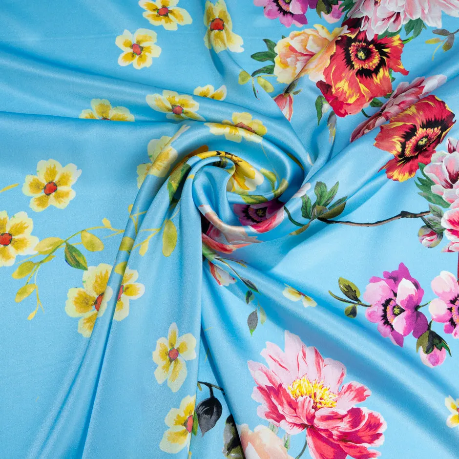 Floral & Striped Sky Blue Pure Silk Satin (A 1.75m Piece)