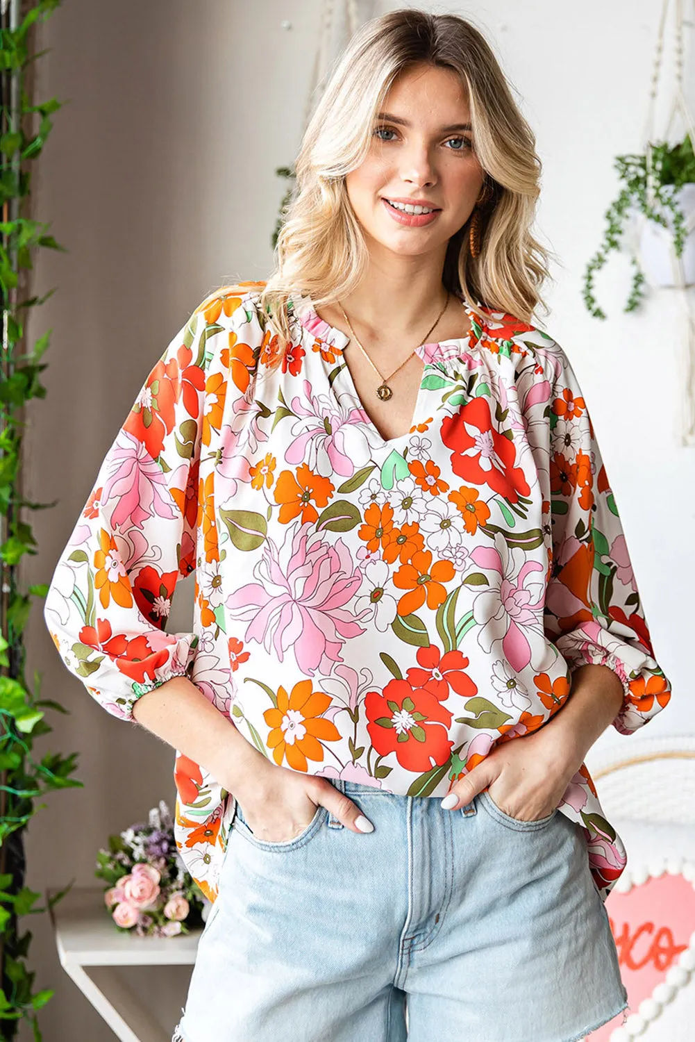 Floral Notched Neck Balloon Sleeve Blouse