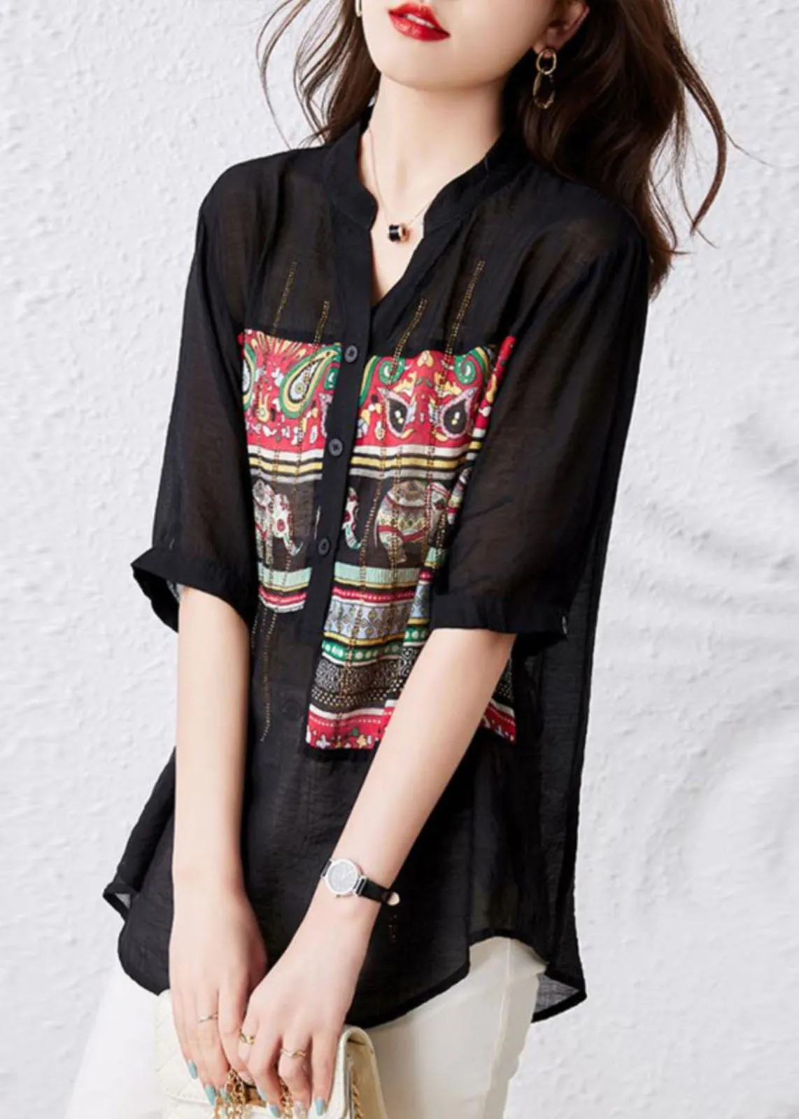 French Black V Neck Print Button Patchwork Cotton Tops Summer LY7555