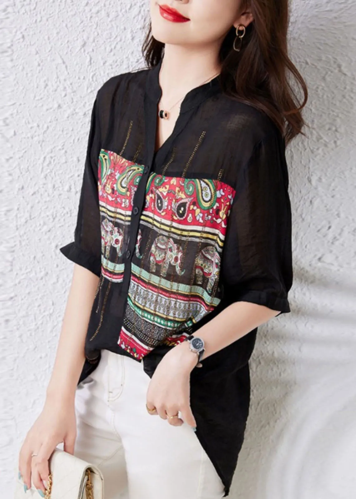 French Black V Neck Print Button Patchwork Cotton Tops Summer LY7555